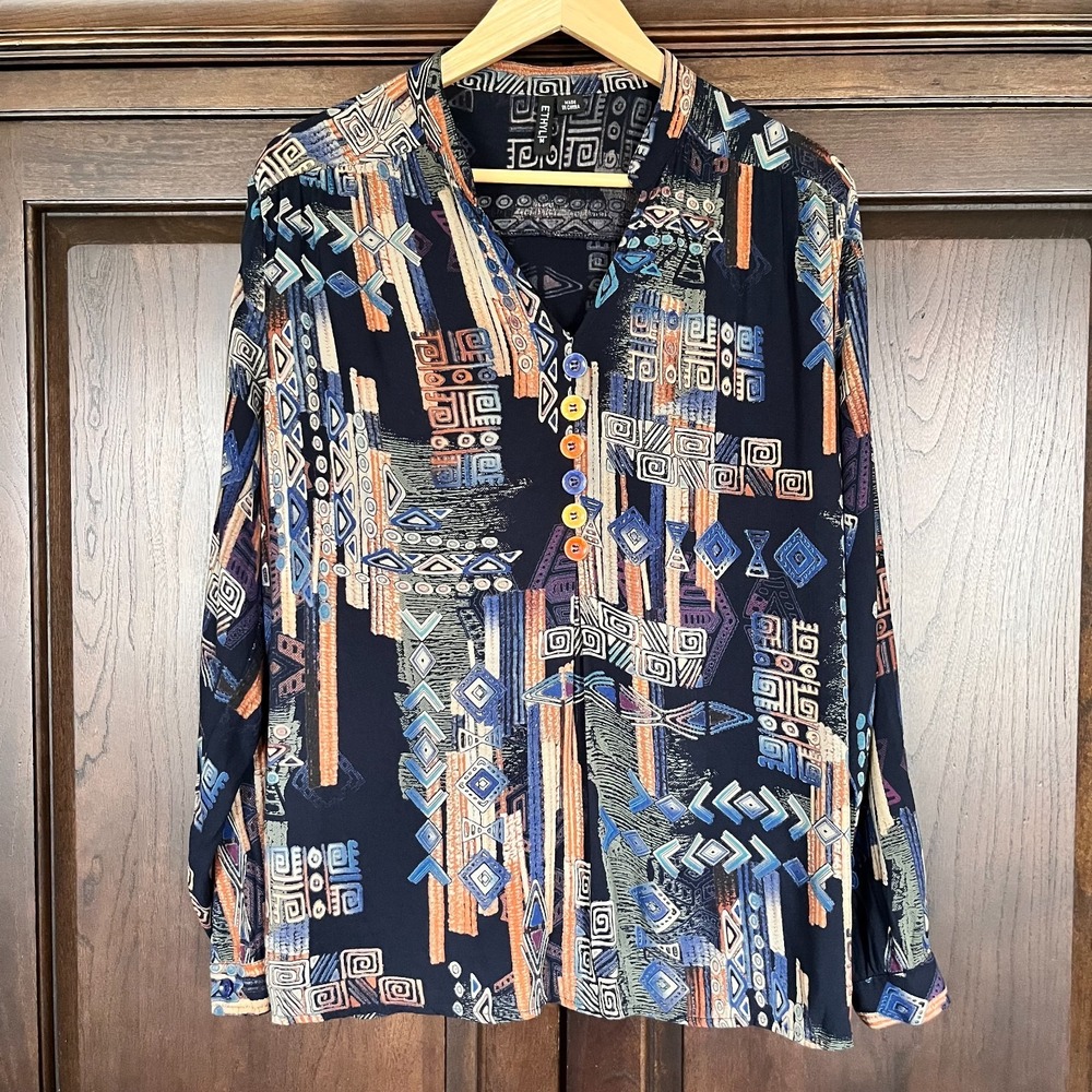 ETHYL Blouse Womens M Rayon Long Sleeve V Neck Colorful Buttons Tribal Artsy